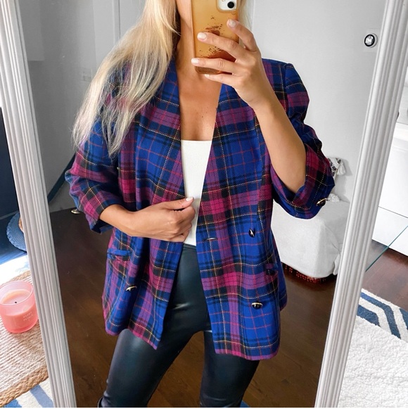 💙 CLASSY BLUE PINK MULTI PLAID BLAZER JACKET! - Picture 2 of 15